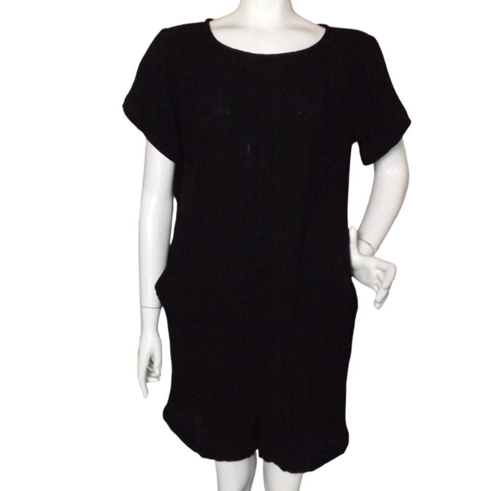 EILEEN FISHER Romper, S, Black Gauze, Short sleeves, Pockets! Organic Cotton